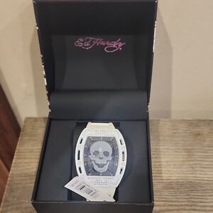 Ed Hardy White and Silver Skull Watch